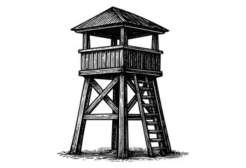 Naklejka premium Monochrome sketch of a tall wooden watchtower with a ladder and a covered top, showcasing a vintage aesthetic — stock illustration.