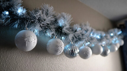 Frosted winter garland decorated with white and silver ornaments and cool blue lights creating a festive holiday atmosphere
