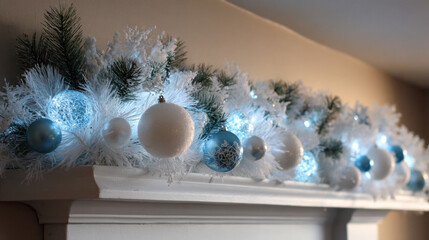 White and blue Christmas garland with glowing lights arranged on a mantel