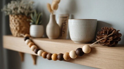 Wooden bead garland with natural tones displayed on a wooden shelf in a cozy interior