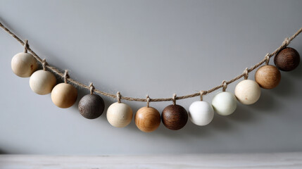 Wooden bead garland in natural tones hanging on twine against a minimalist grey background