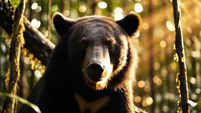 Sun Bear Portrait in Lush Green Jungle With Golden Hour Sunlight Filtering Through Dense Foliage Creating Soft Bokeh Effects