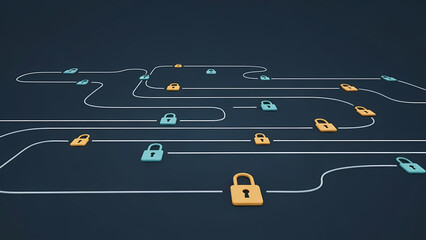 Corporate-style icon set for cybersecurity and data protection. Clean, linear illustrations of shields with binary code, locked clouds, padlocks on data streams, guardian knights made of firewalls, sa