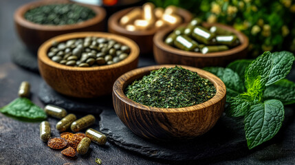 Holistic health collection featuring various natural dietary supplements, dried herbs, seeds, and fresh mint on dark textured surface