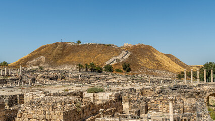 Panoramic overview of the ruins at Beit Shean National Park in Bet Shean in Israel.
