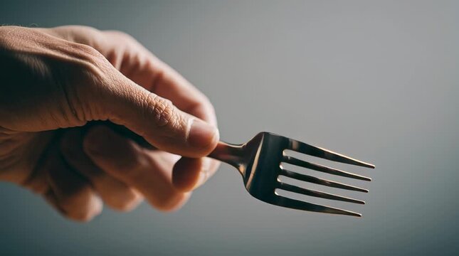 Hand holding a fork with tines pointed upward on a soft gray background