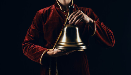 Elegant brass bell ceremony with luxurious burgundy velvet robes creating dramatic cinematic atmosphere