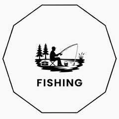 Fishing sport logo silhouette icon of man relaxing by water