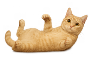 Cute ginger tabby cat lying on its back with paws up, playing and looking surprised, transparent background
