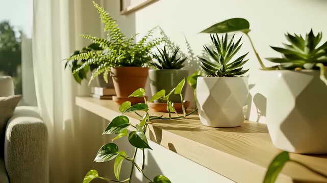 A serene living room setting with an abundance of plants on shelves creating a peaceful atmosphere, embodying the concept of ost suggesting a refined upscale environment where one can unwind and.