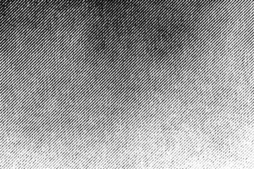 High-contrast halftone gradient texture with dense diagonal black dots on transparent background. Faded grunge transition.