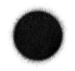 Solid black circle with a textured surface and smooth halftone dot fade around the edges on a...