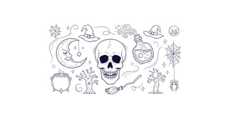 Spooky halloween doodle icons featuring a skull moon magic sparkles and potion bottle in black line art