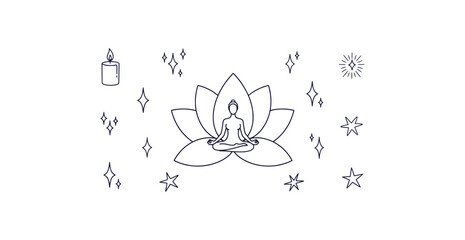 Zen yoga and mindfulness illustration pack with lotus candle and celestial elements