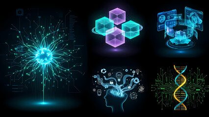 Futuristic and abstract illustrations of emerging technologies. Glowing neural networks, quantum computing cubes, holographic interfaces, AI brainstorms with ideas floating around, biotechnology fusio