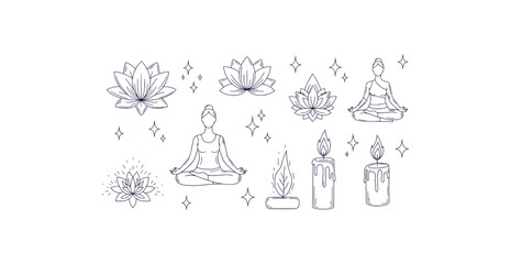 Mindfulness yoga doodle icon pack with lotus flower sitting pose candle and stars