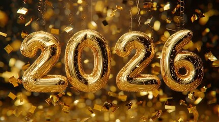 Shiny metallic 2026 numbers spinning in the air surrounded by golden confetti and glowing sparkles creating a dynamic festive New Year celebration atmosphere
