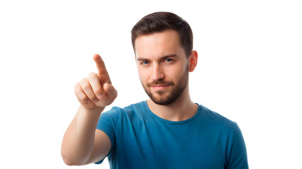 Fototapeta premium Concentrated Man in Blue T-shirt Pointing Finger Forward. 