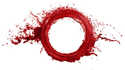 Red ink splash forming a dynamic circular frame with paint dripping and splattering, transparent background