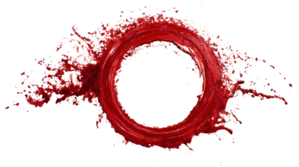 Red ink splash forming a dynamic circular frame with paint dripping and splattering, transparent background