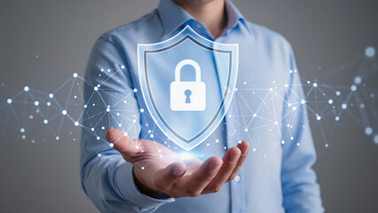 Cyber security safe data protection business technology privacy concept, Businessman holding shield protect security icon security on the virtual display Information security system