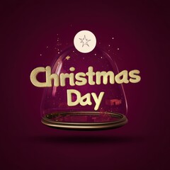 A golden, festive "Christmas Day" display inside a glass dome with a star above on a rich red background