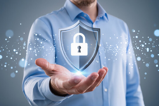 Cyber security safe data protection business technology privacy concept, Businessman holding shield protect security icon security on the virtual display Information security system - Powered by Adobe