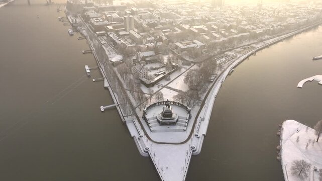 German Angle or Deutsches Eck in Koblenz, Germany, Rheinland-Pfalz. Aerial View at Winter with Snow. Historical city.