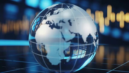 Shiny glass globe with world map details resting on a reflective grid surface with abstract blue and orange digital data bar graphs in a dark modern s - Powered by Adobe
