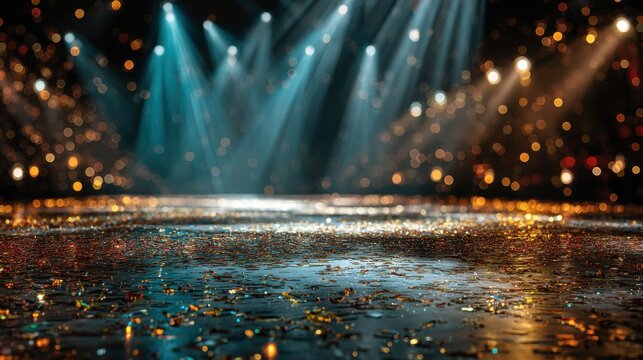 Colorful spotlights shine on a sparkling stage during a festive event at night