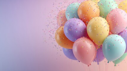 Colorful balloons float against a pastel background with confetti for celebration