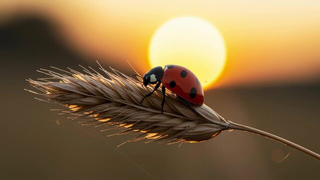 Ladybug on a wheat ear walking across a plant stalk as the sunset background gives a warm glow over the autumn field.