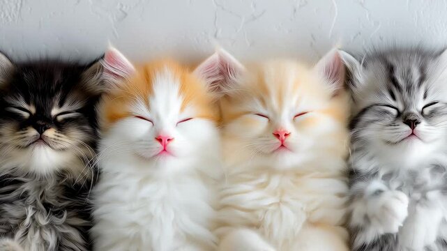 Three sleeping kittens with cute paw pads visible. Funny video of fluffy baby cats resting and stretching paws.