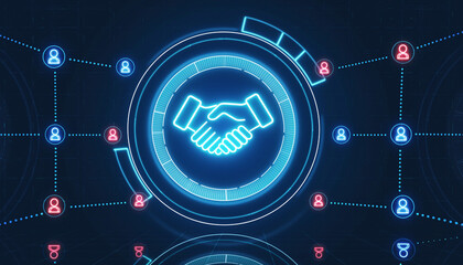 Cyber Pact: Illustrative digital rendering symbolizes agreement in a connected world, neon handshake lights up the abstract grid