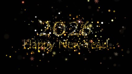 Alpha channel is included. 2026 Happy New Year. Congratulatory Christmas video card. Decorative golden title. Artistic intro (introductory template).  Quick Time, codec: PNG, 16-bit color