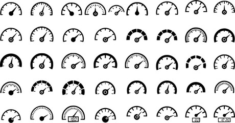 Obraz premium Speedometer icon, gauge symbols, meter illustrations, needle indicator vector collection, dashboard element vehicle graphic, measuring tools, speed display, automotive UI, infographic element