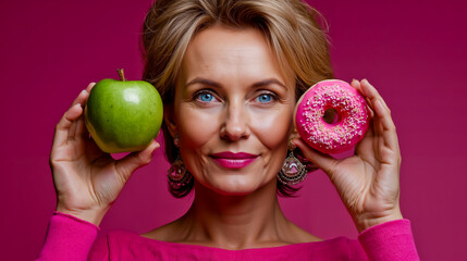 A woman in a pink top is holding an apple and a punched donut in front of her face
