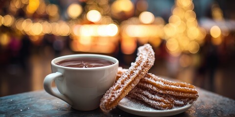 Fresh churros dusted with sugar are served with a cup of thick hot chocolate amid glowing Christmas market lights and blurred festive crowds.