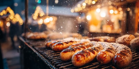 Golden bratwursts sizzle on a steaming grill, served in crusty buns under glowing Christmas market lights and gentle snowfall.