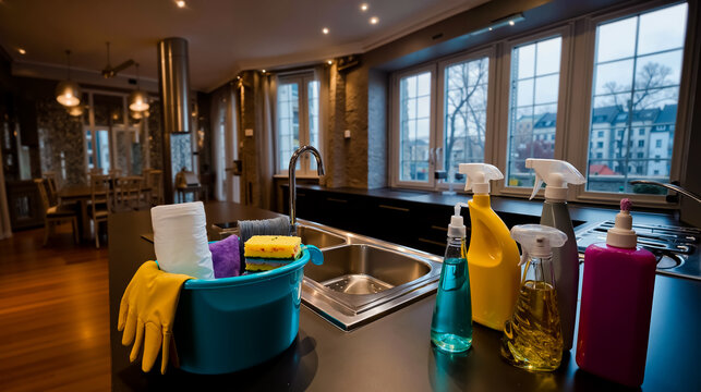 A kitchen with a large window a sink and various cleaning supplies