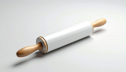 White rolling pin with ergonomic design and wooden handles

