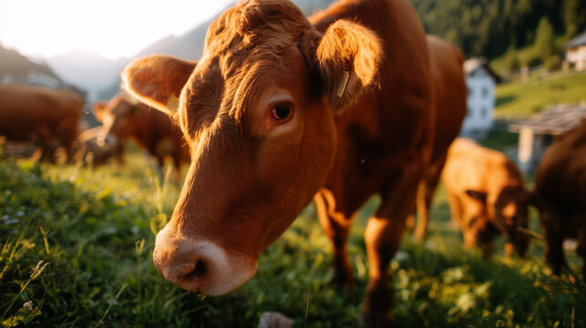 Close-up of a curious brown cow grazing in a sunlit alpine meadow, with other cattle and mountains in the blurred background at golden hour.