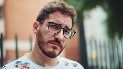 Close-up portrait of a serious young man with a beard and glasses looking directly at the camera outdoors.