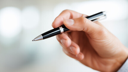 Close-up of a hand holding a black ballpoint pen, poised for writing, signing, or pointing, with a blurred light background.