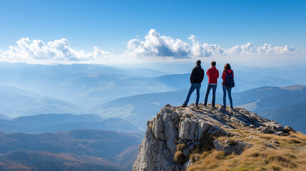 Three hikers stand on a mountain peak, admiring the breathtaking panoramic view of layered mountains under a vast blue sky.