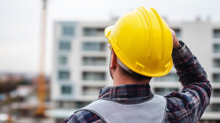 Rear view of a construction worker or engineer wearing a yellow hard hat and safety vest, observing a building site.