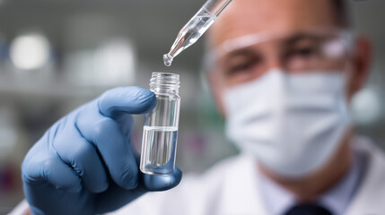 Close-up of a scientist's gloved hand using a pipette to add a liquid drop into a small glass vial in a laboratory setting.