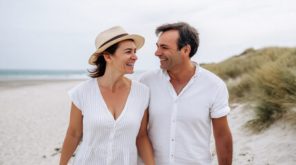 Happy middle-aged couple laughing and walking together on a beautiful sandy beach with ocean and dunes.