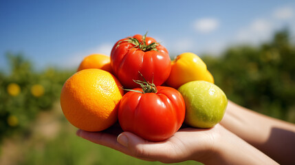 Hands hold a vibrant mix of freshly picked organic fruits and vegetables, including red tomatoes, an orange, a yellow pepper, and a green apple, against a sunny outdoor backdrop.
