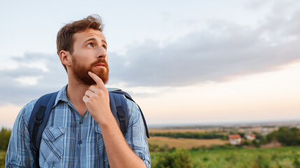 Young bearded man in a plaid shirt and backpack looking up, contemplating outdoors with a finger on his chin.